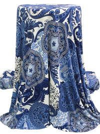 Midnight Blue/White/Steel Blue Polyester/Lycra Ornate Butterfly Medallion Print ITY Knit 60W