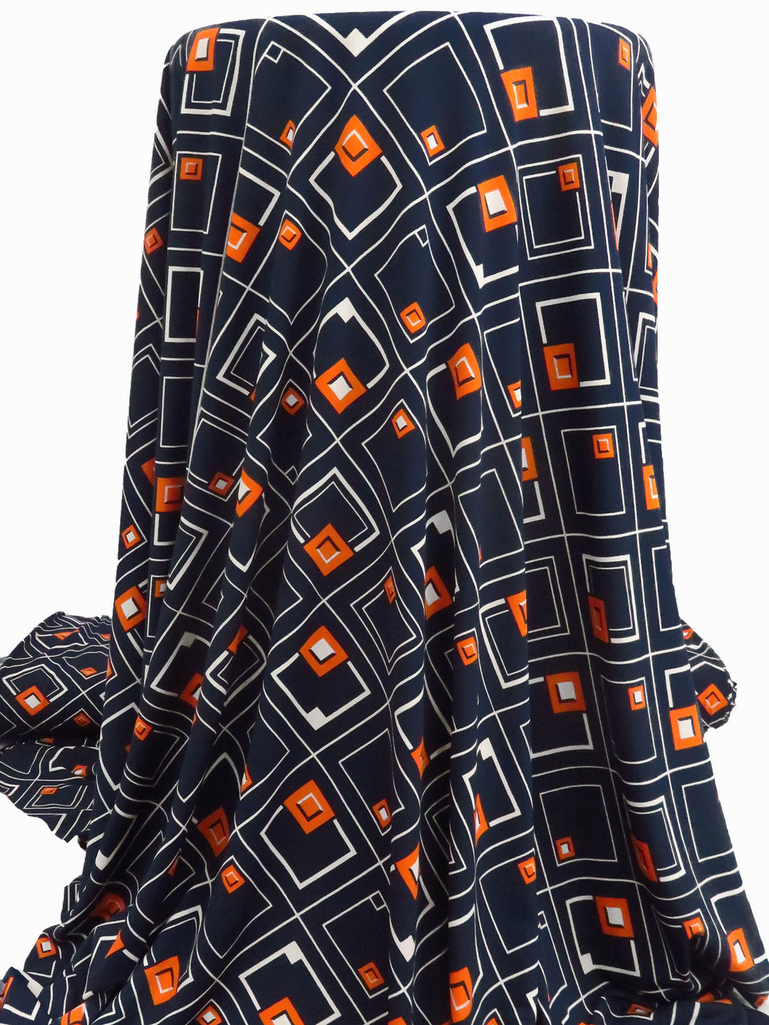 Midnight Navy/Off-White/Vivid Orange Polyester/Lycra Squares On Squares Print ITY Knit 59W