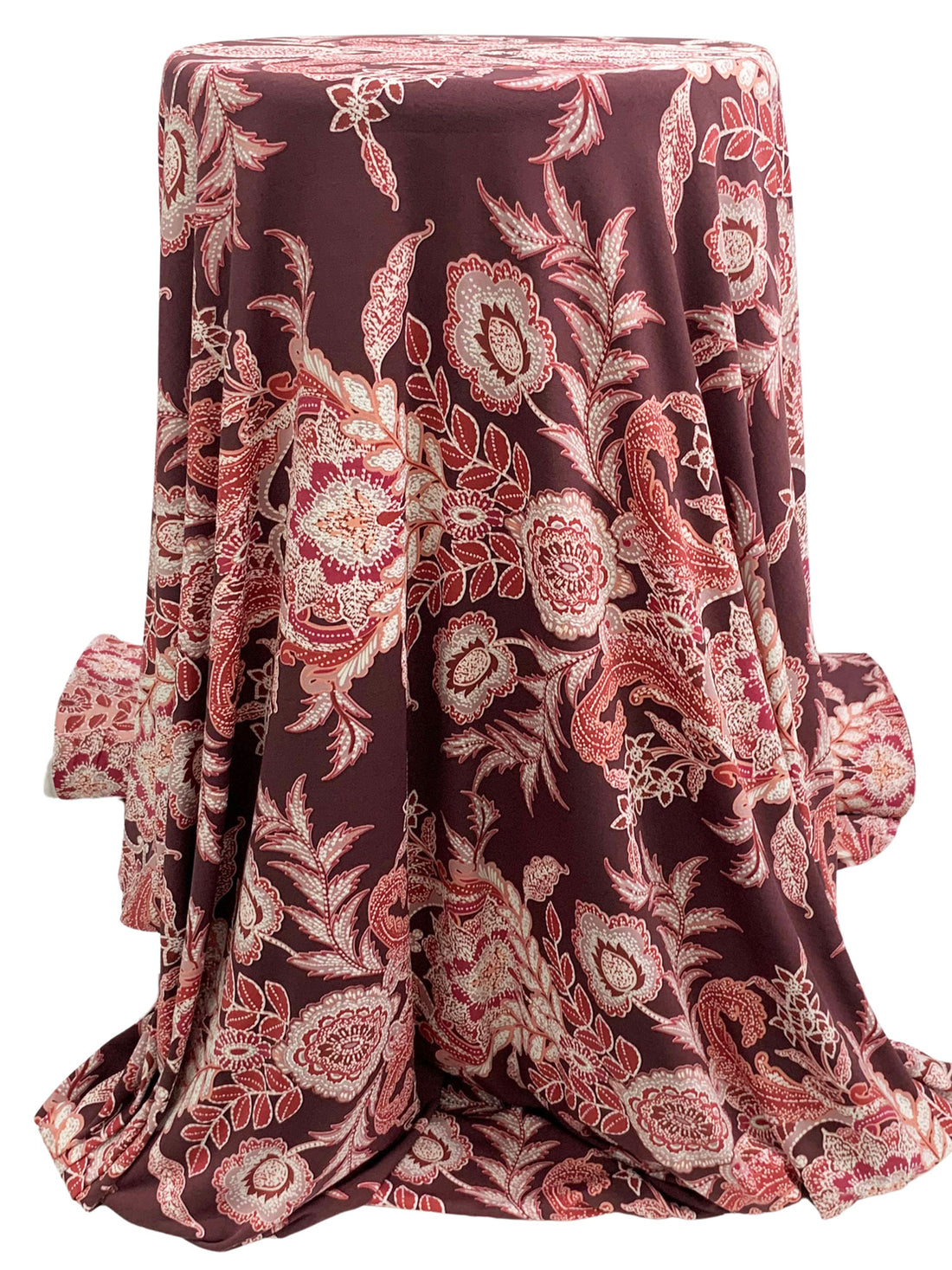 Deep Garnet/Dusty Rose/White Polyester/Lycra Single Border Ornate Horizontal Floral Print ITY Knit 58W