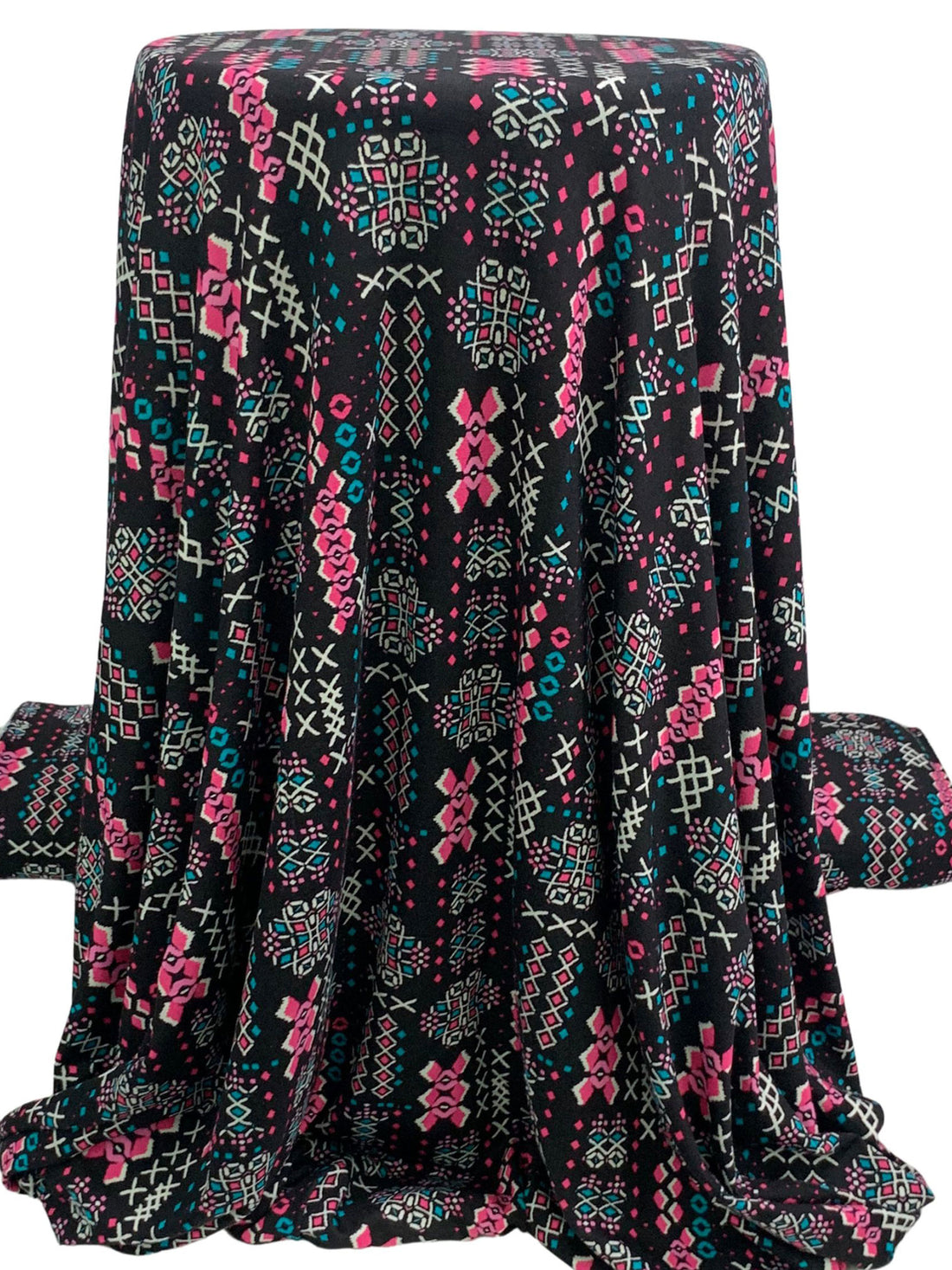 Black/Brink Pink/Pacific Blue/White Rayon/Lycra Stylized Geometric Print Jersey Knit 60W