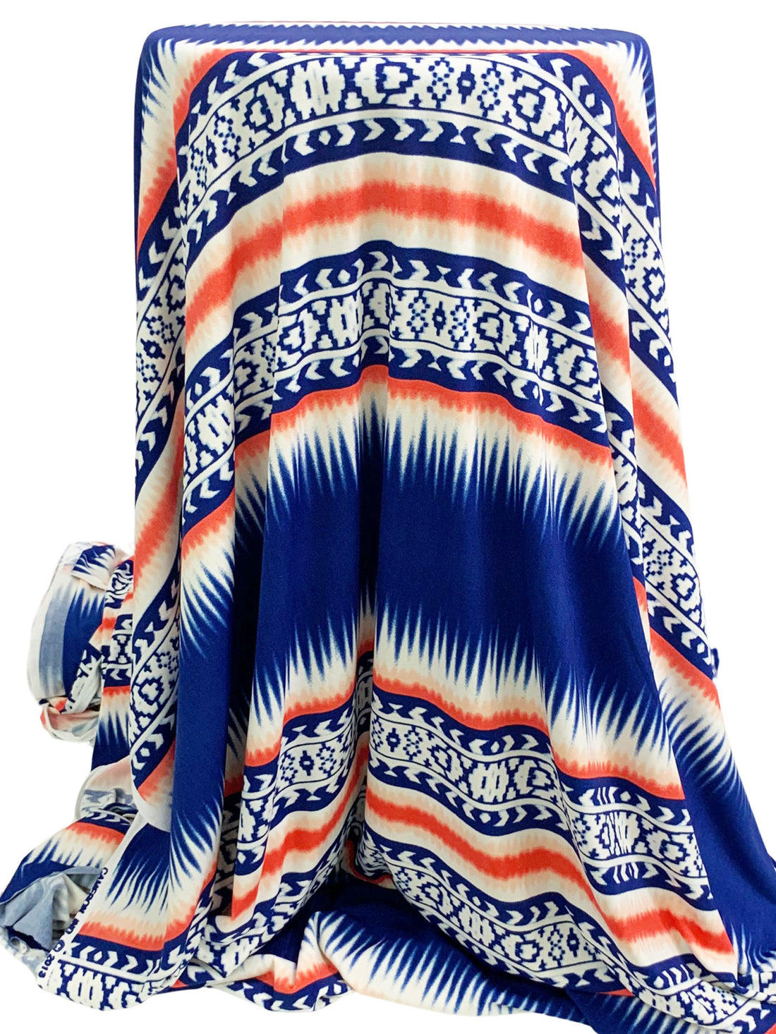 Dark Royal Blue/Scarlet/White Polyester/Lycra Stylized Horizontal Navajo-Look Print ITY Knit 60W