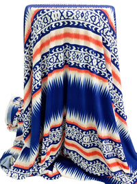 Dark Royal Blue/Scarlet/White Polyester/Lycra Stylized Horizontal Navajo-Look Print ITY Knit 60W