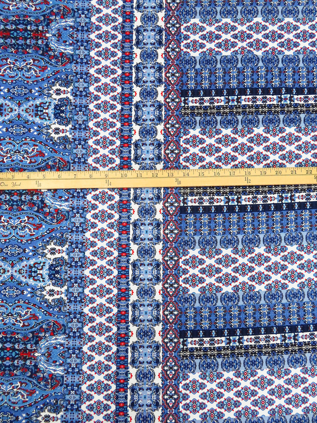 Dark Cornflower/White/Scarlet/Multi Polyester/Lycra Double Border Ornate Stripe Print DTY Knit 61W