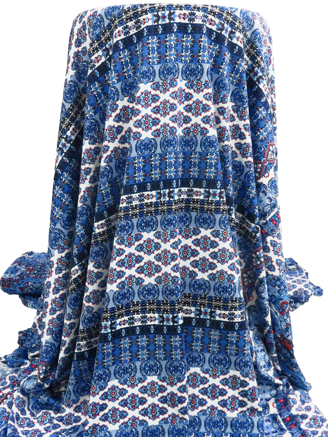Dark Cornflower/White/Scarlet/Multi Polyester/Lycra Double Border Ornate Stripe Print DTY Knit 61W