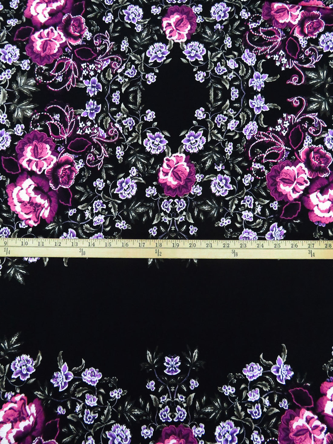 SOLD BY THE PANEL ONLY - Black/French Plum/White/Multi Polyester/Lycra Mirrored Floral Puff Print ITY Knit 59W