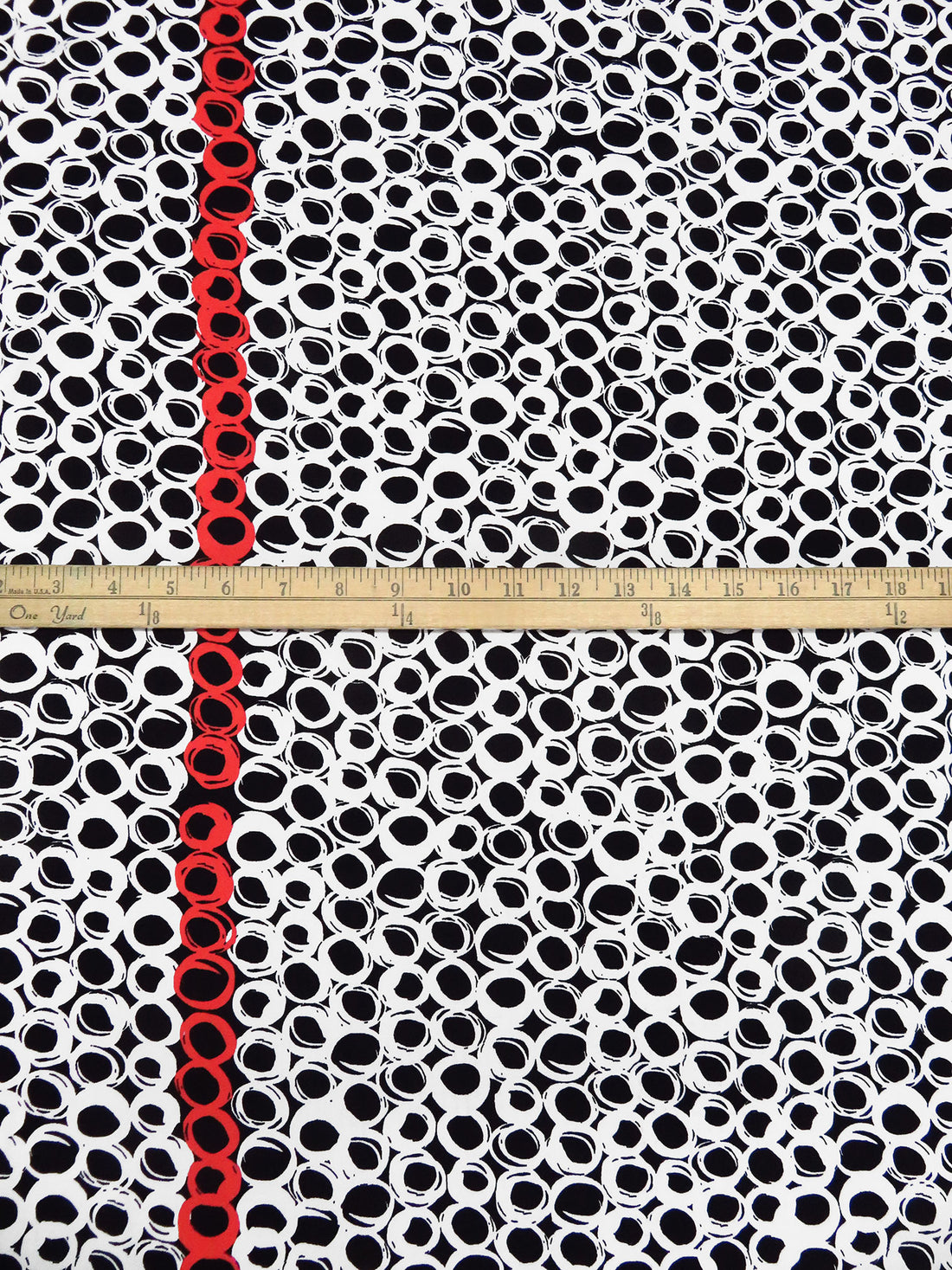 Black/White/Muted Vermilion Polyester/Lycra Double Border Abstract Circles Print DTY Knit 60W