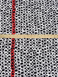 Black/White/Muted Vermilion Polyester/Lycra Double Border Abstract Circles Print DTY Knit 60W