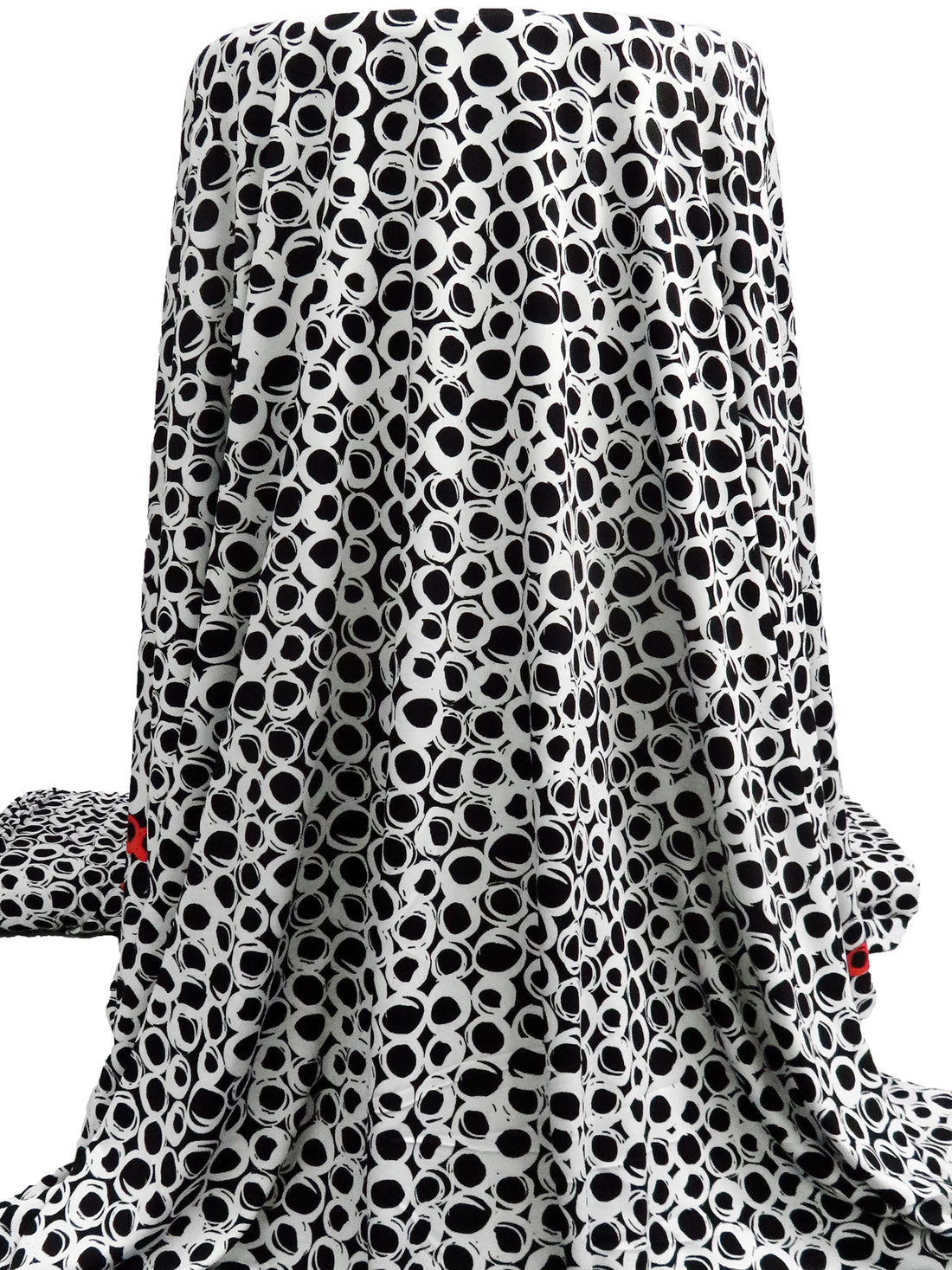 Black/White/Muted Vermilion Polyester/Lycra Double Border Abstract Circles Print DTY Knit 60W