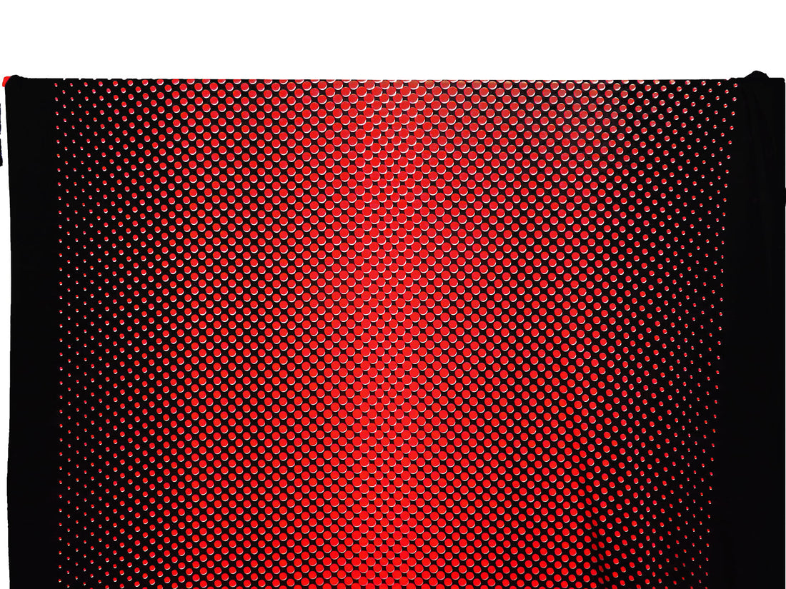 Black/White/Vivaldi Red Polyester/Lycra Variegated Offset Circles Print DTY Knit 60W