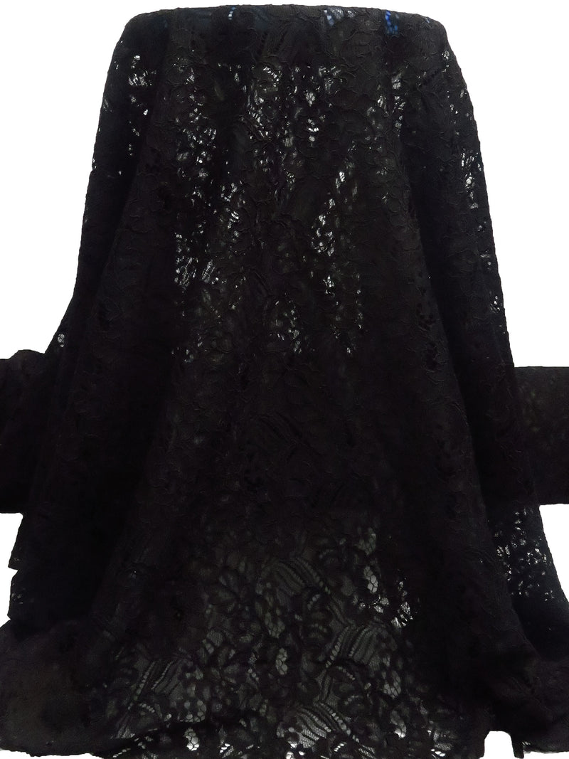 Black 100% Polyester Abstract Floral Weave Corded Lace - NY Designer - 48W