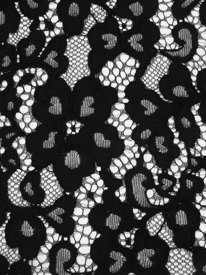 Coal Black 100% Polyester Floral Weave Corded Lace - NY Designer - 50W