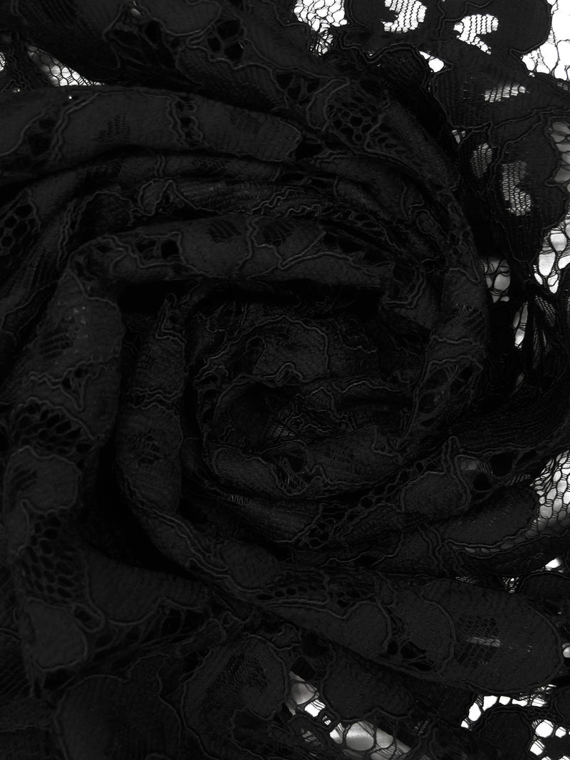 Coal Black 100% Polyester Floral Weave Corded Lace - NY Designer - 50W