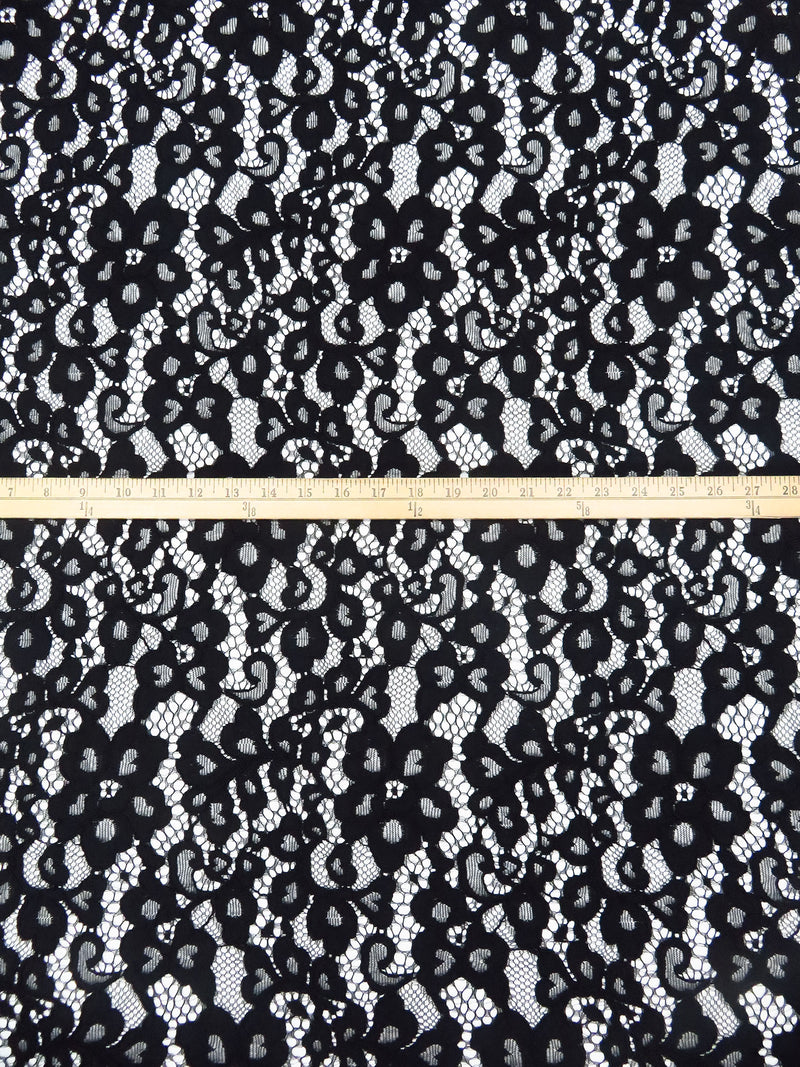 Coal Black 100% Polyester Floral Weave Corded Lace - NY Designer - 50W