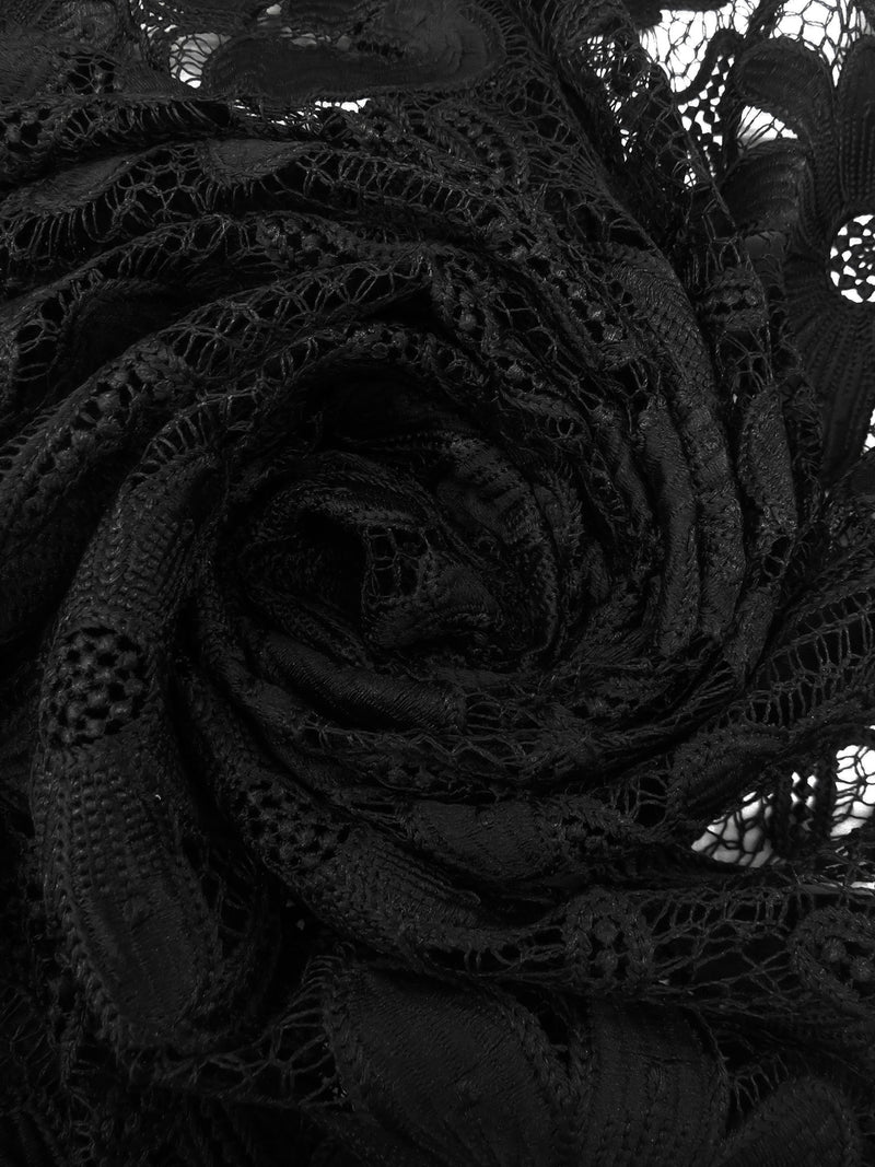 Rich Black 100% Polyester Floral Weave Guipere Lace - NY Designer - 50W