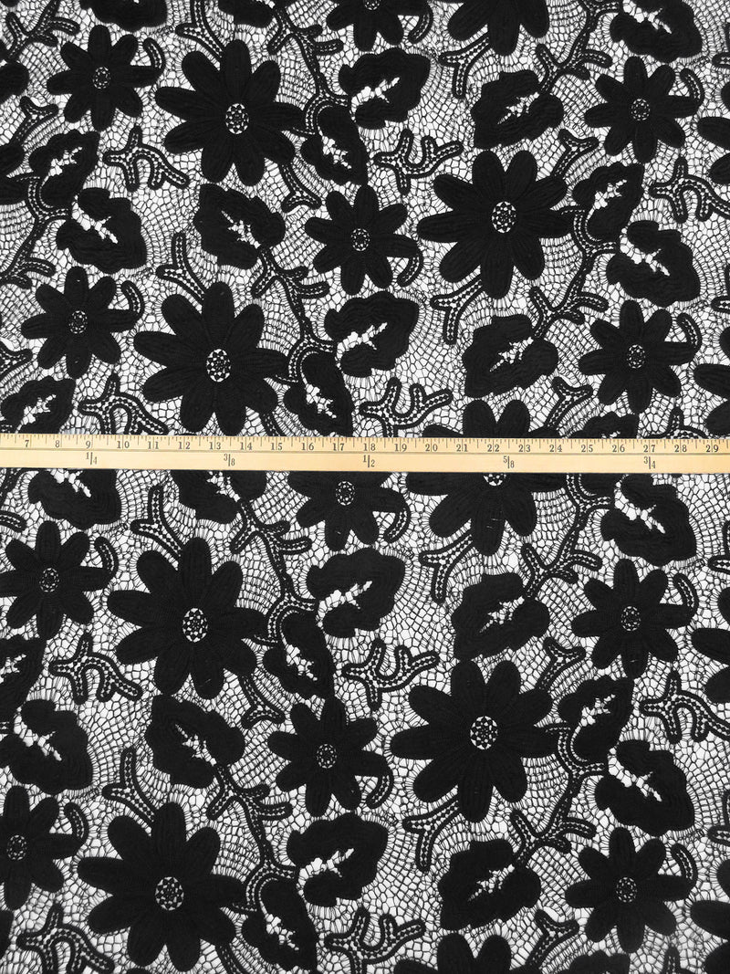 Rich Black 100% Polyester Floral Weave Guipere Lace - NY Designer - 50W