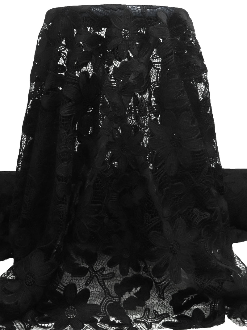 Rich Black 100% Polyester Floral Weave Guipere Lace - NY Designer - 50W