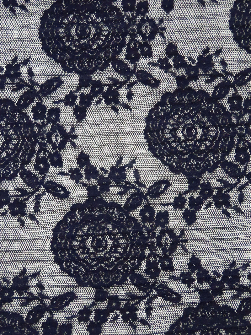 Midnight Navy 100% Polyester Medallion Floral Weave Pleated Lace Netting - NY Designer - 60W