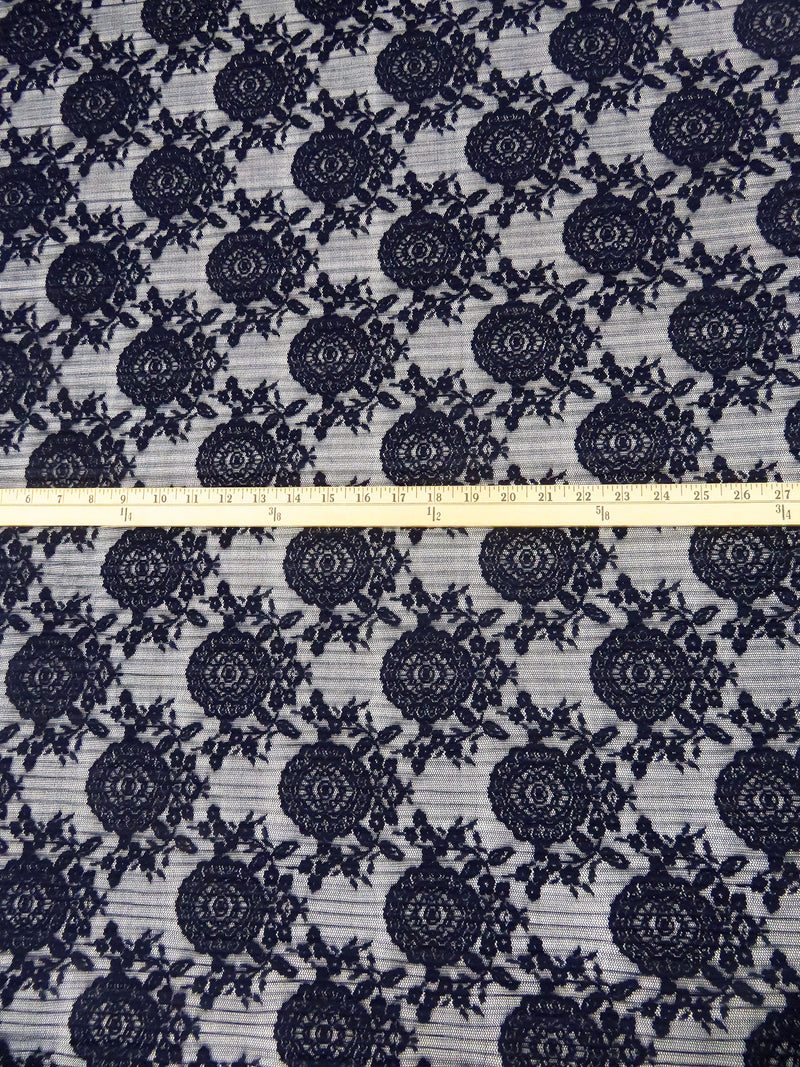 Midnight Navy 100% Polyester Medallion Floral Weave Pleated Lace Netting - NY Designer - 60W