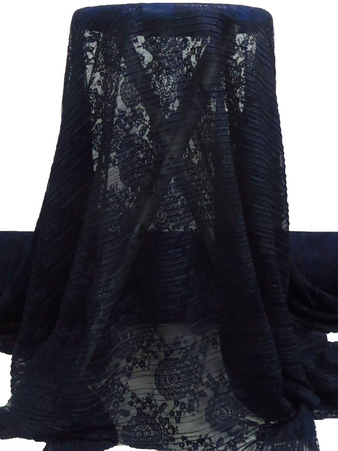 Midnight Navy 100% Polyester Medallion Floral Weave Pleated Lace Netting - NY Designer - 60W