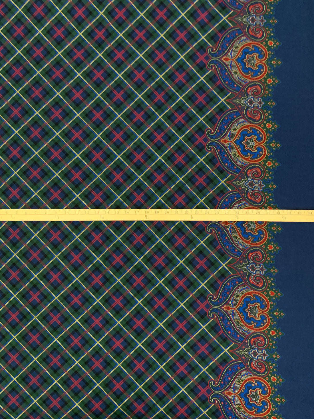 Navy Blue/Everglade Green/Persian Red 100% Rayon Ornate Single Border Argyle Print Twill Challis - NY Designer - 44W