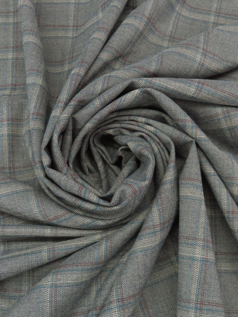 Dusty Oyster Gray/Muted Navy/Barn Red/Multi Polyester/Rayon/Lycra Plaid Weave Stretch Suiting - NY Designer - 56W