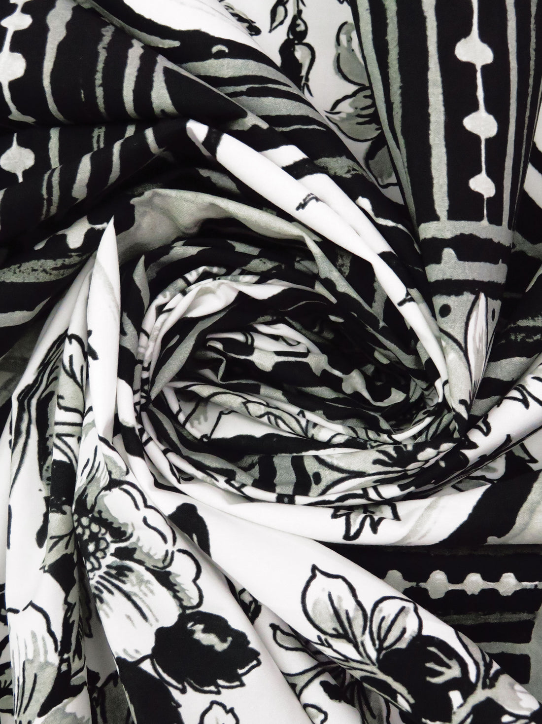 Black/White/Dolphin Gray 100% Cotton Framed Floral Print Poplin Shirting - NY Designer - 57W