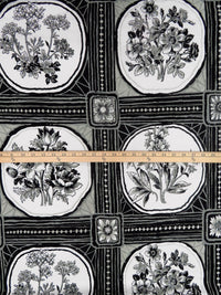 Black/White/Dolphin Gray 100% Cotton Framed Floral Print Poplin Shirting - NY Designer - 57W