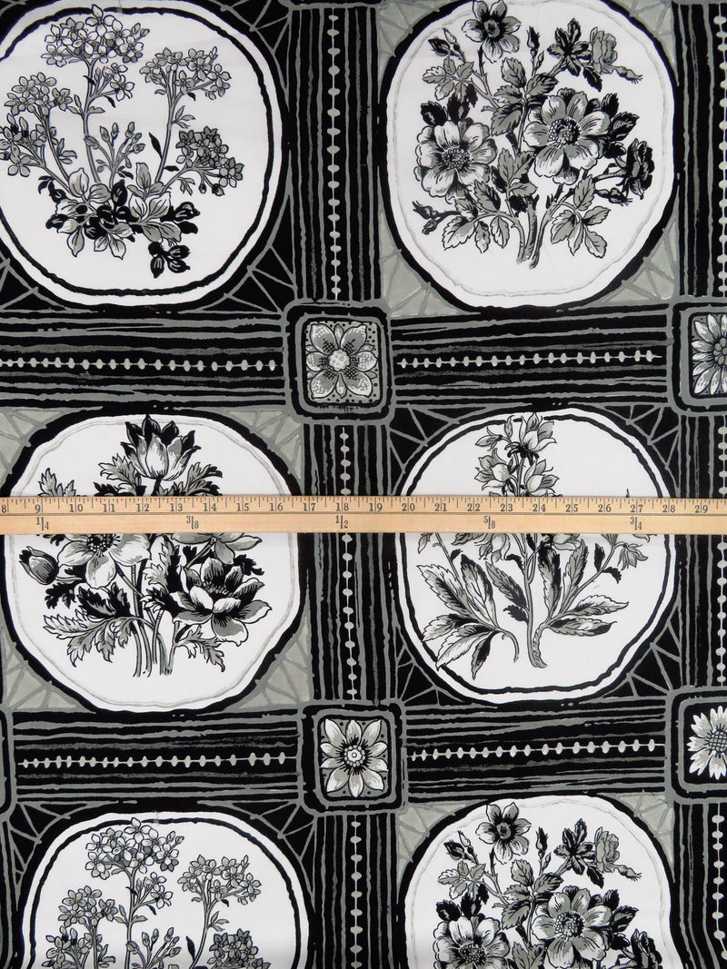 Black/White/Dolphin Gray 100% Cotton Framed Floral Print Poplin Shirting - NY Designer - 57W