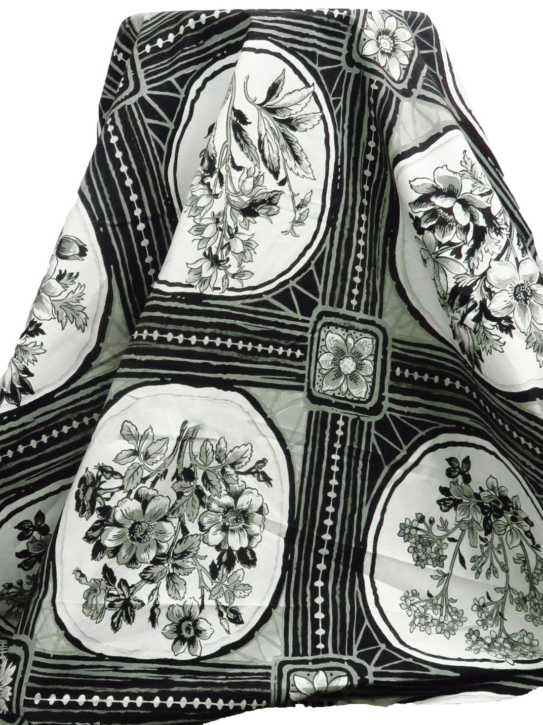 Black/White/Dolphin Gray 100% Cotton Framed Floral Print Poplin Shirting - NY Designer - 57W
