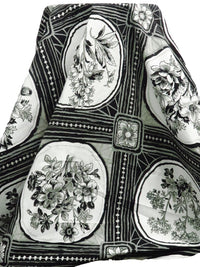 Black/White/Dolphin Gray 100% Cotton Framed Floral Print Poplin Shirting - NY Designer - 57W