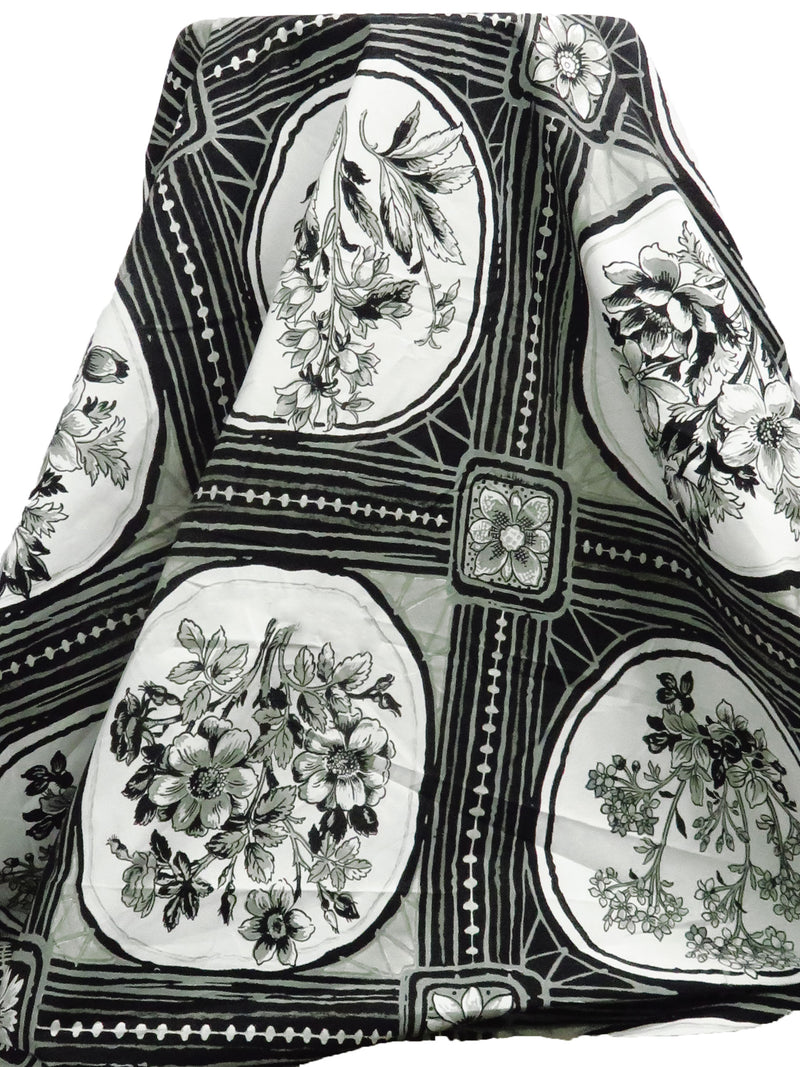 Black/White/Dolphin Gray 100% Cotton Framed Floral Print Poplin Shirting - NY Designer - 57W