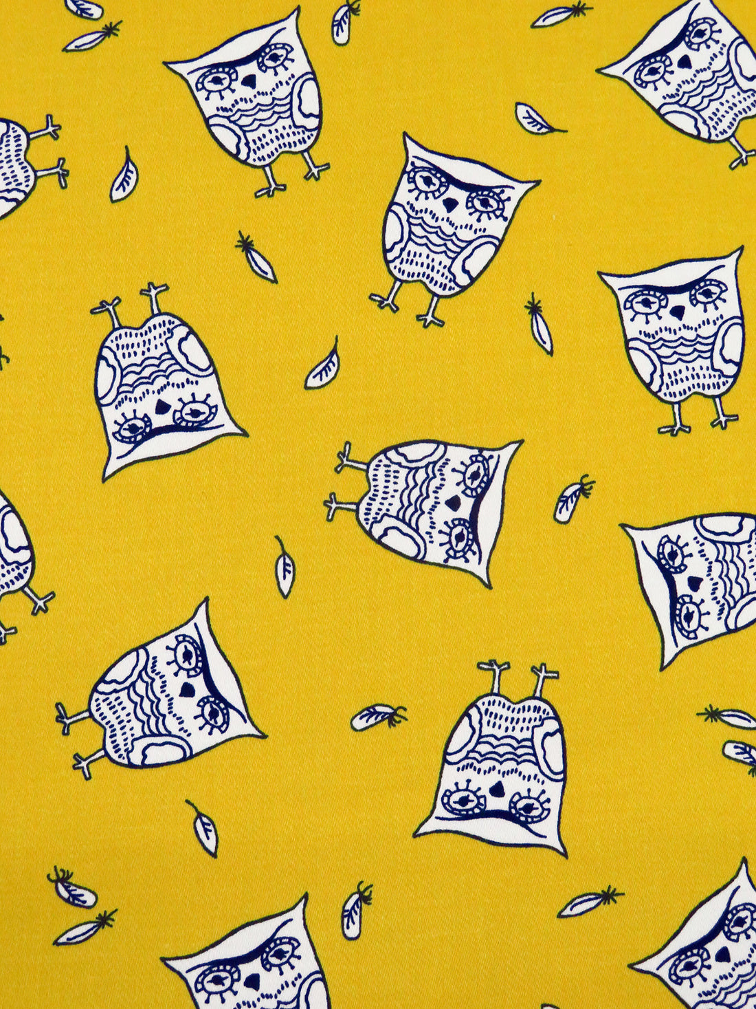 SOLD AS IS ONLY - Mango Yellow/Midnight Navy/White Cotton/Lycra Artistic Owls Print Stretch Sateen Bottom Weight Woven 52W