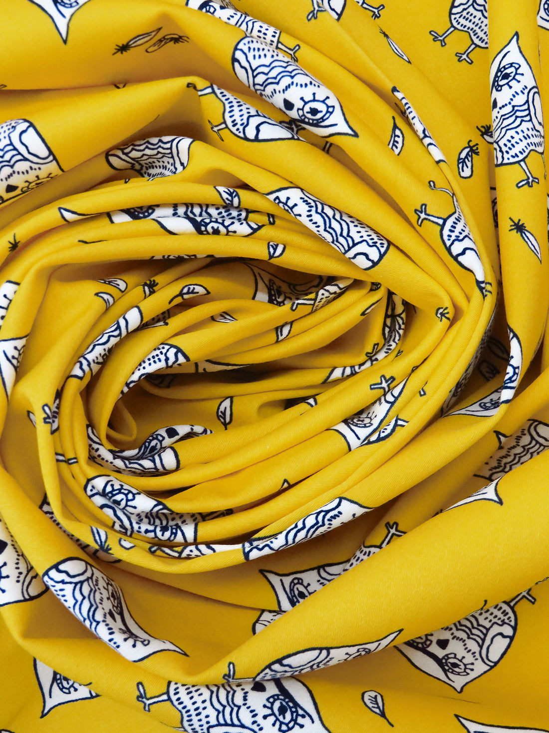 SOLD AS IS ONLY - Mango Yellow/Midnight Navy/White Cotton/Lycra Artistic Owls Print Stretch Sateen Bottom Weight Woven 52W