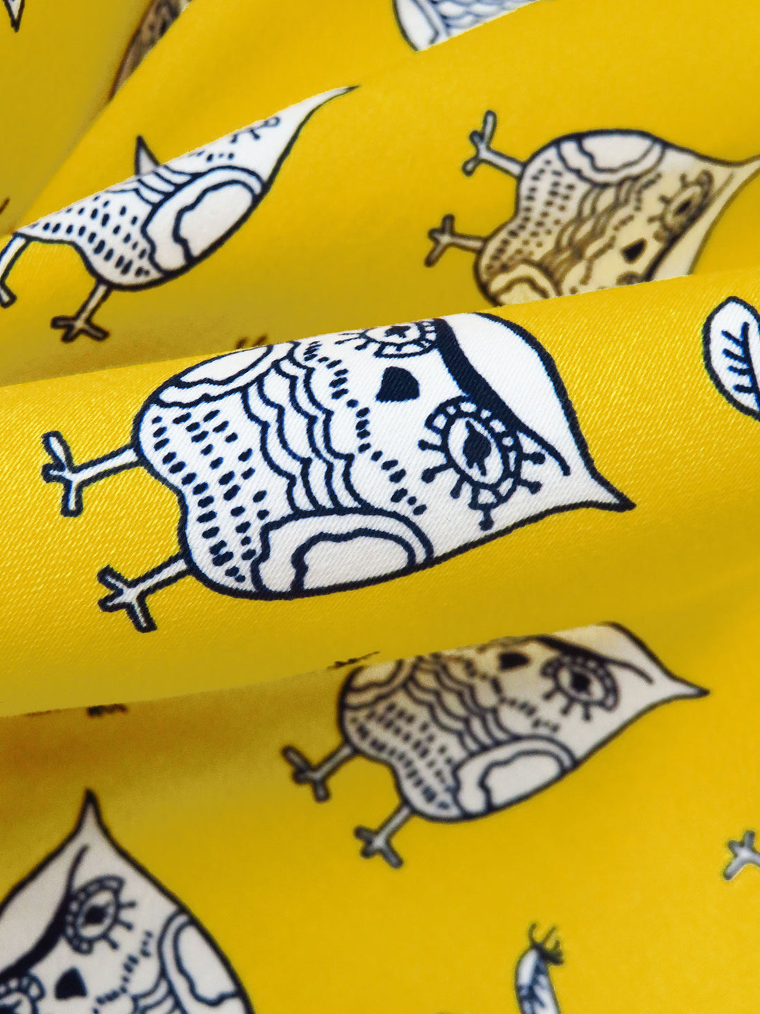 SOLD AS IS ONLY - Mango Yellow/Midnight Navy/White Cotton/Lycra Artistic Owls Print Stretch Sateen Bottom Weight Woven 52W
