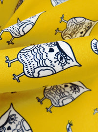 SOLD AS IS ONLY - Mango Yellow/Midnight Navy/White Cotton/Lycra Artistic Owls Print Stretch Sateen Bottom Weight Woven 52W
