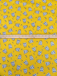 SOLD AS IS ONLY - Mango Yellow/Midnight Navy/White Cotton/Lycra Artistic Owls Print Stretch Sateen Bottom Weight Woven 52W