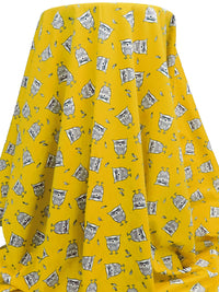 SOLD AS IS ONLY - Mango Yellow/Midnight Navy/White Cotton/Lycra Artistic Owls Print Stretch Sateen Bottom Weight Woven 52W