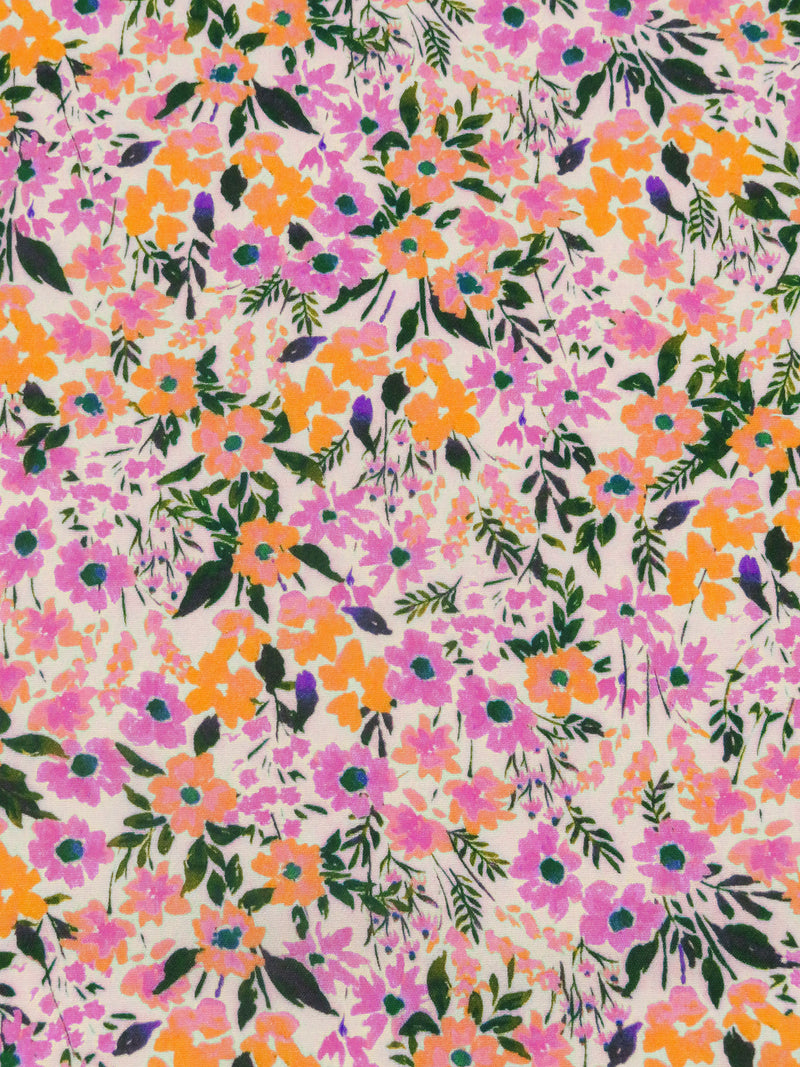 Light Fuchsia Pink/Deep Saffron/Almond/Multi 100% Rayon Flower Garden Print Crepe Challis - NY Designer - 56W