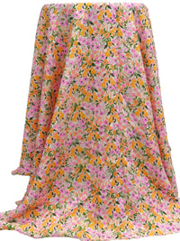 Light Fuchsia Pink/Deep Saffron/Almond/Multi 100% Rayon Flower Garden Print Crepe Challis - NY Designer - 56W