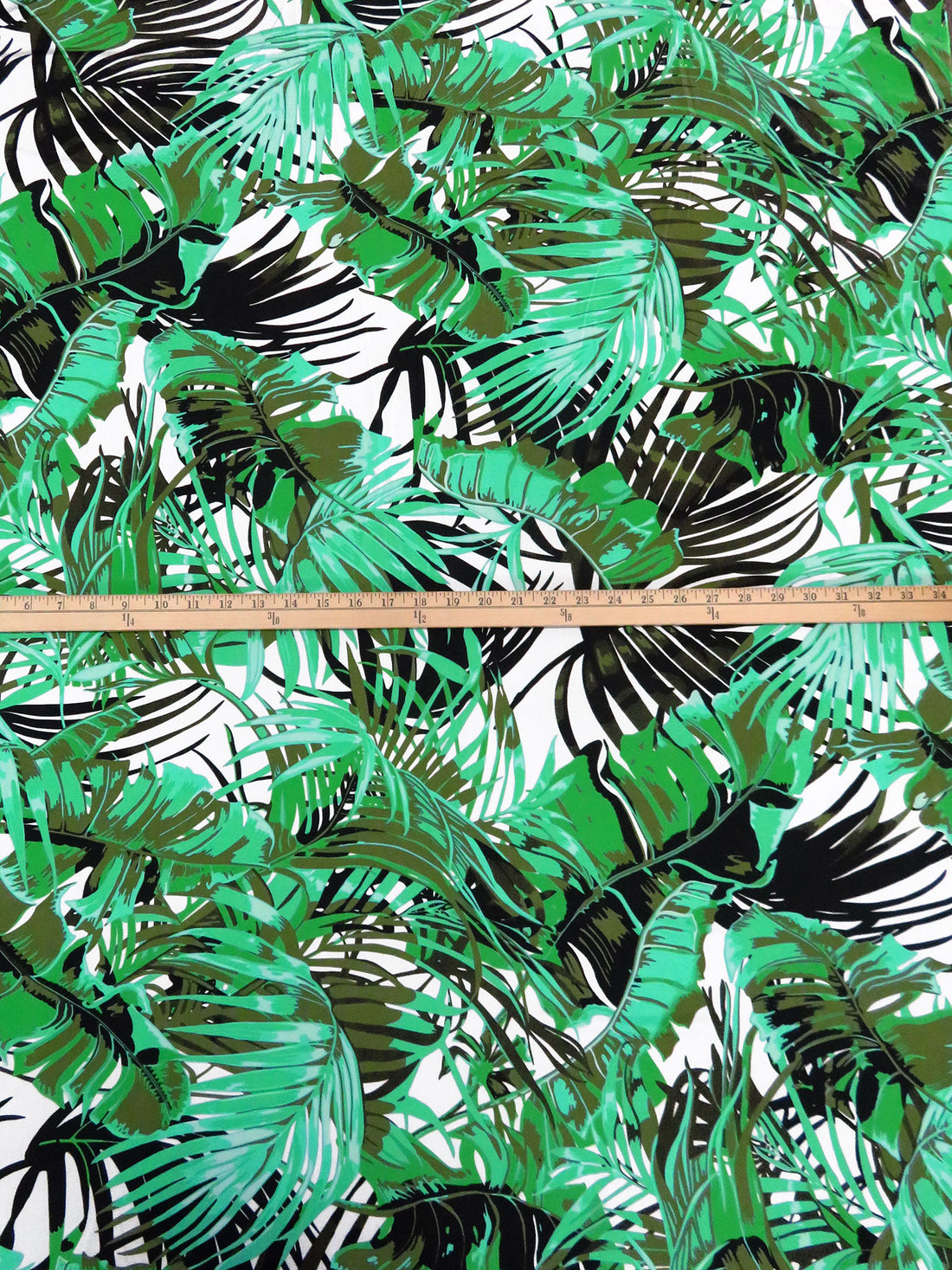 Greenish Turquoise/Dusty Army Green/White/Multi Polyester/Lycra Large Tropical Leaf Print FTY Knit 57W