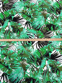 Greenish Turquoise/Dusty Army Green/White/Multi Polyester/Lycra Large Tropical Leaf Print FTY Knit 57W