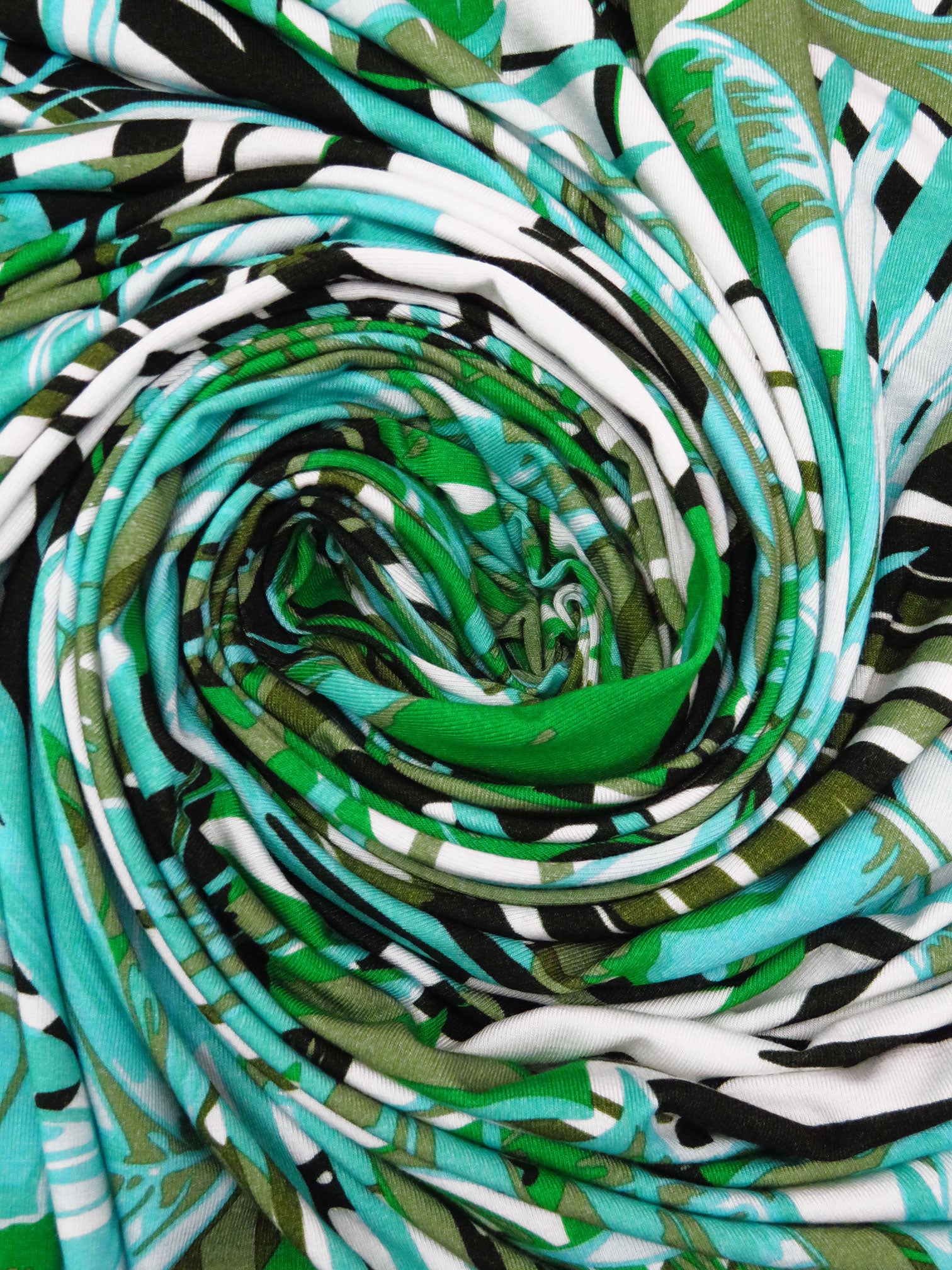 Aqua/Army Green/White/Multi Rayon/Lycra Large Tropical Leaf Print