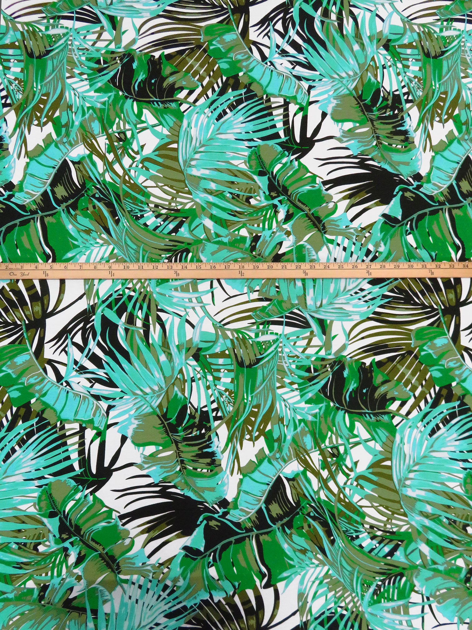Aqua/Army Green/White/Multi Rayon/Lycra Large Tropical Leaf Print
