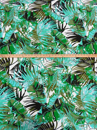 Aqua/Army Green/White/Multi Rayon/Lycra Large Tropical Leaf Print Jersey Knit 54W