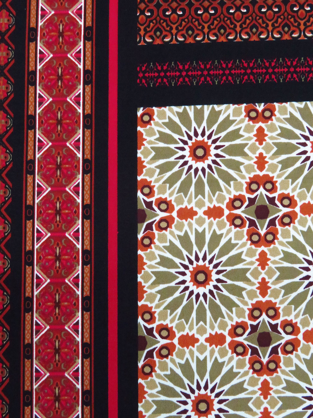 Black/Burnt Orange/Dark Tan/Multi Polyester/Lycra Multi Double Border Ornate Stripe Print DTY Knit 56W