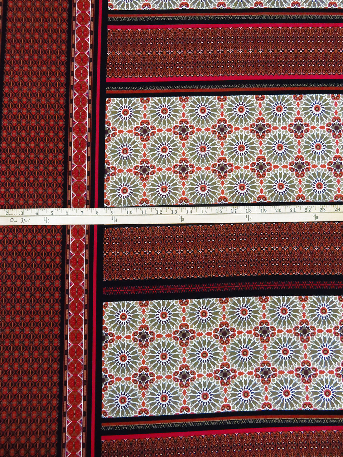 Black/Burnt Orange/Dark Tan/Multi Polyester/Lycra Multi Double Border Ornate Stripe Print DTY Knit 56W