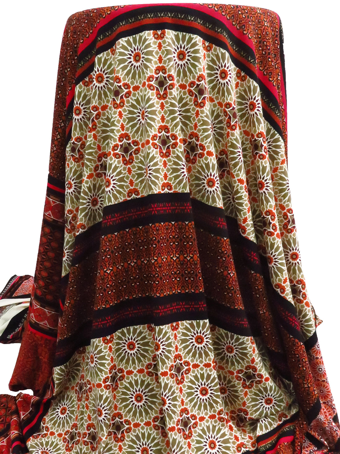 Black/Burnt Orange/Dark Tan/Multi Polyester/Lycra Multi Double Border Ornate Stripe Print DTY Knit 56W