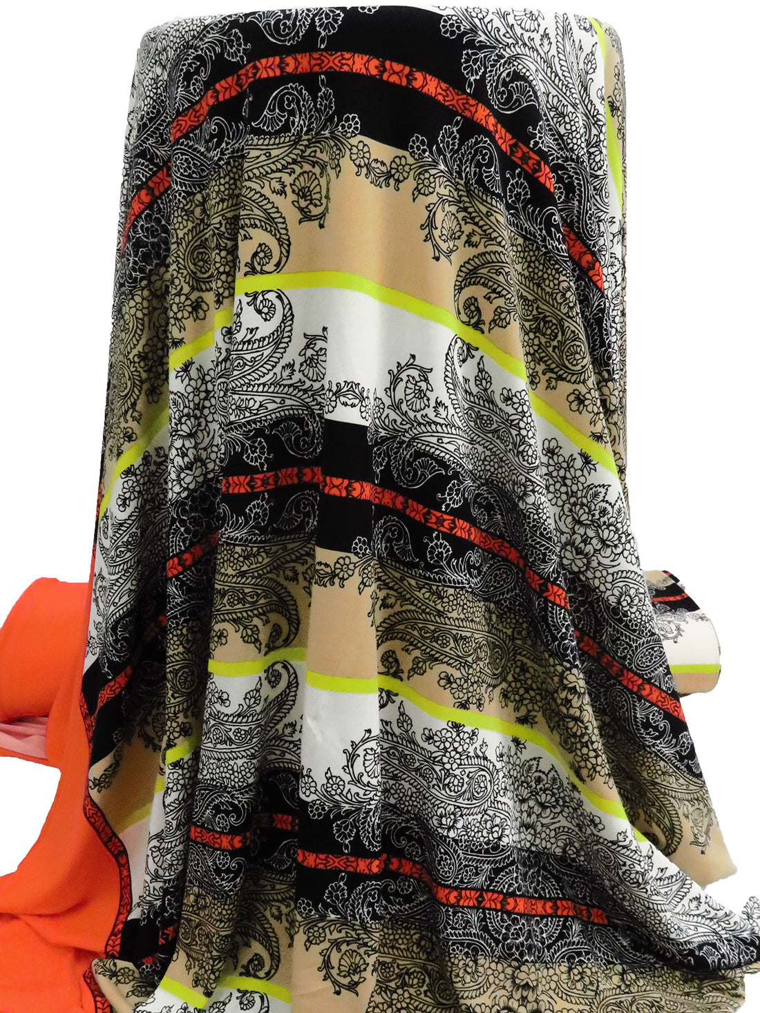 SOLD BY THE PANEL ONLY - Reddish Orange/Black/Lime/Multi Polyester/Lycra Double Border Mirrored Ornate Stripe Print ITY Knit 57W