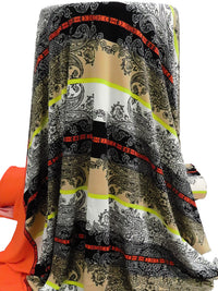 SOLD BY THE PANEL ONLY - Reddish Orange/Black/Lime/Multi Polyester/Lycra Double Border Mirrored Ornate Stripe Print ITY Knit 57W