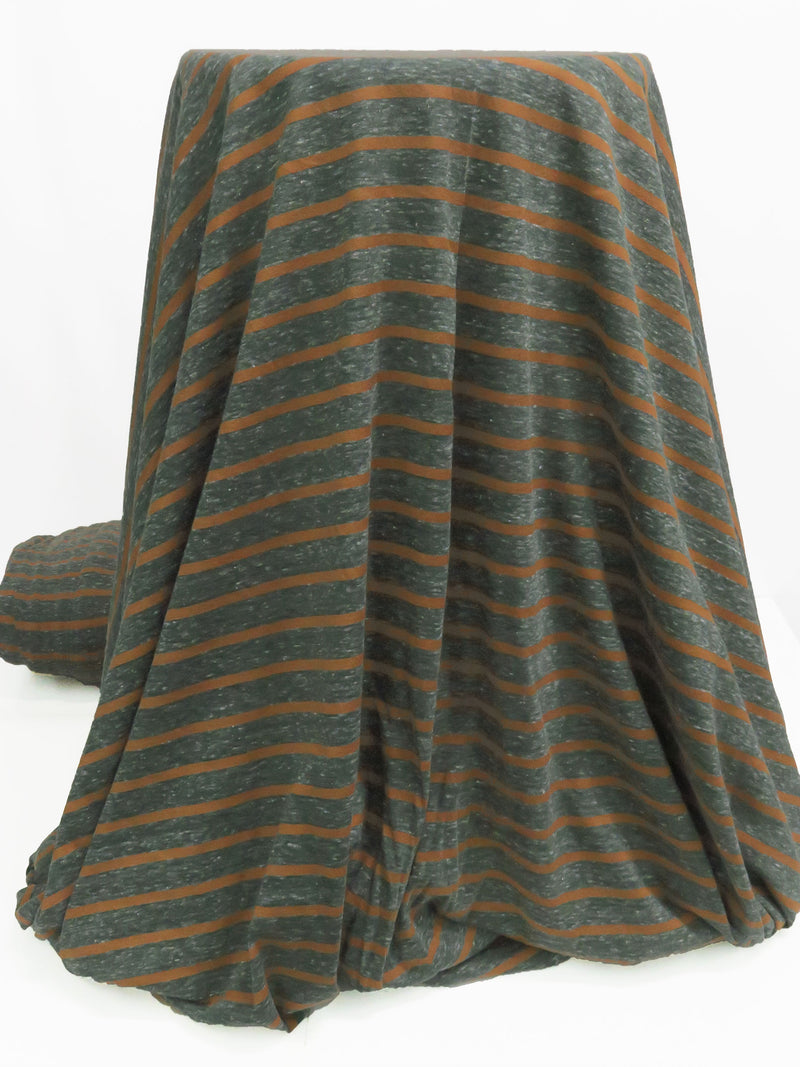 Evergreen Gray/Gingerbread Cotton/Polyester Heathered Horizontal Stripe Weave Tissue Jersey Knit - NY Designer - 62W